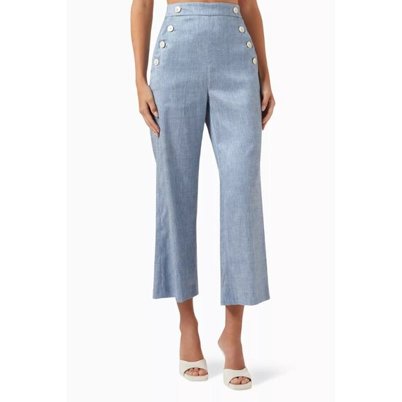 MARELLA Addetto Straight-fit Cropped Pants High Rise Linen-blend Blue Sz 8 R1 - Picture 1 of 8